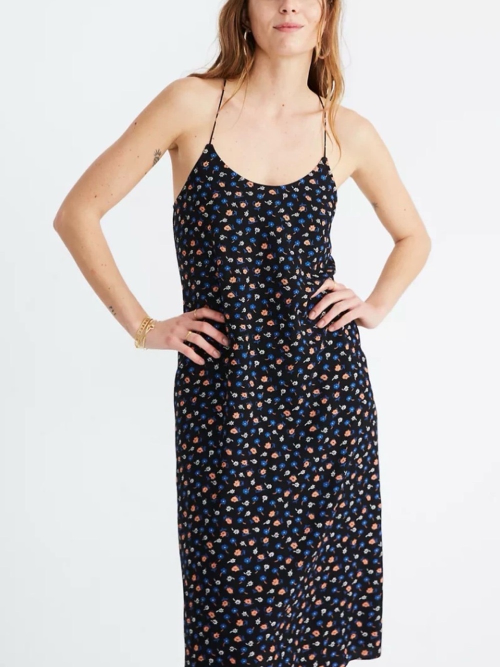 MADEWELL Slip Dress Black Floral Prairie Posie Knee Length Spaghetti Strap Sz 2